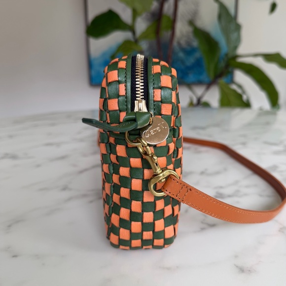 Clare V Midi Sac Safari Green & Coral Orange Woven Leather Checker Crossbody Bag - Picture 5 of 16